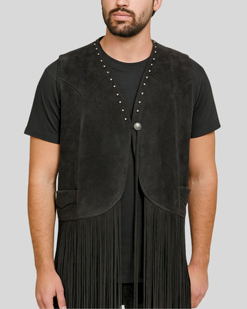 Shadow Canyon™ Western Fringe Vest – Studded Black Suede Cowboy Style for Men
