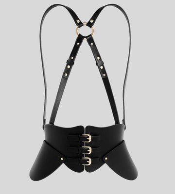 front view of black leather corset harness belt with triple buckle