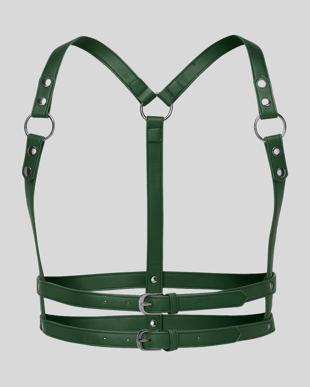 woman wearing green leather body harness over black dress