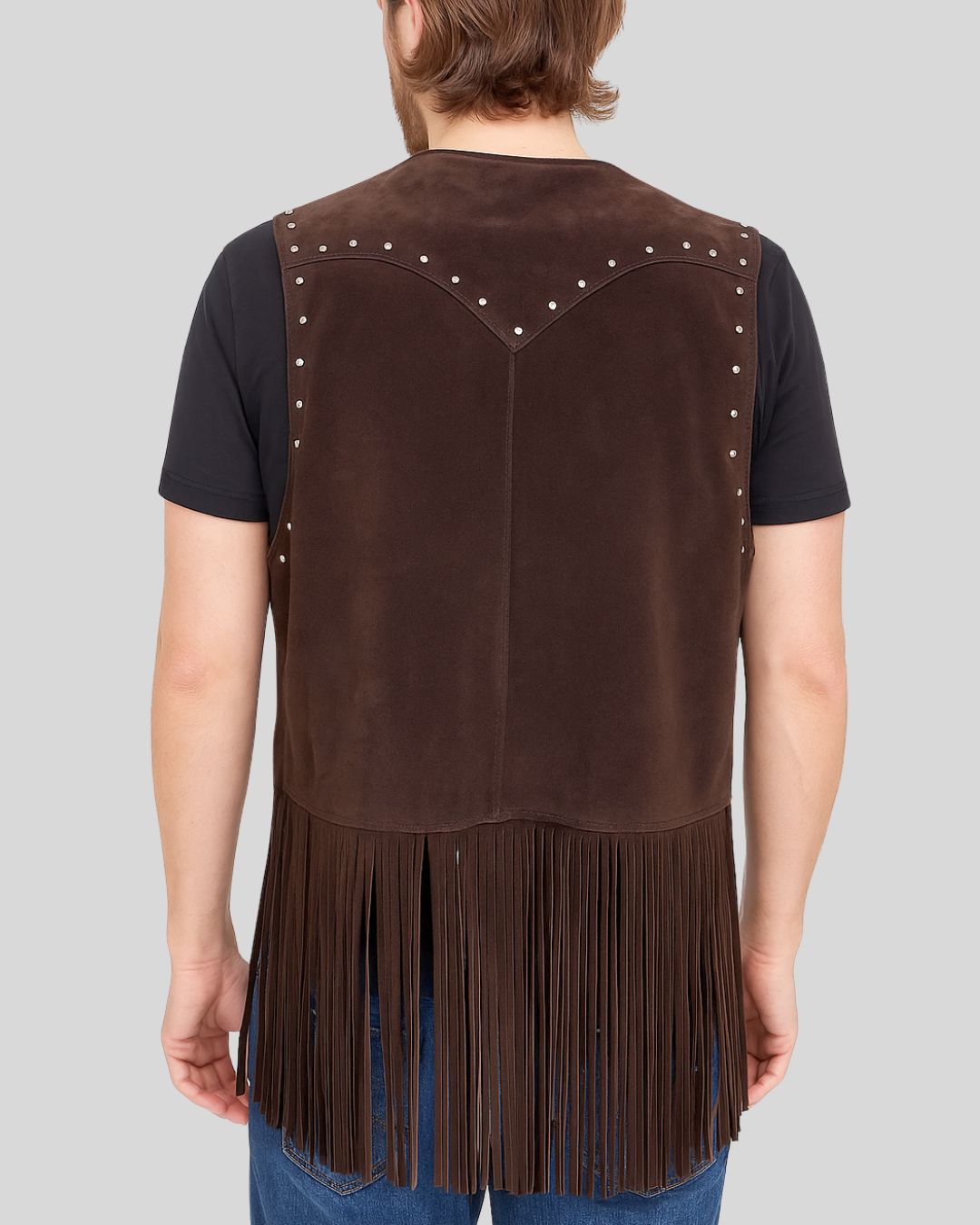 Men's Coffee Brown Western Fringe Vest – Front View