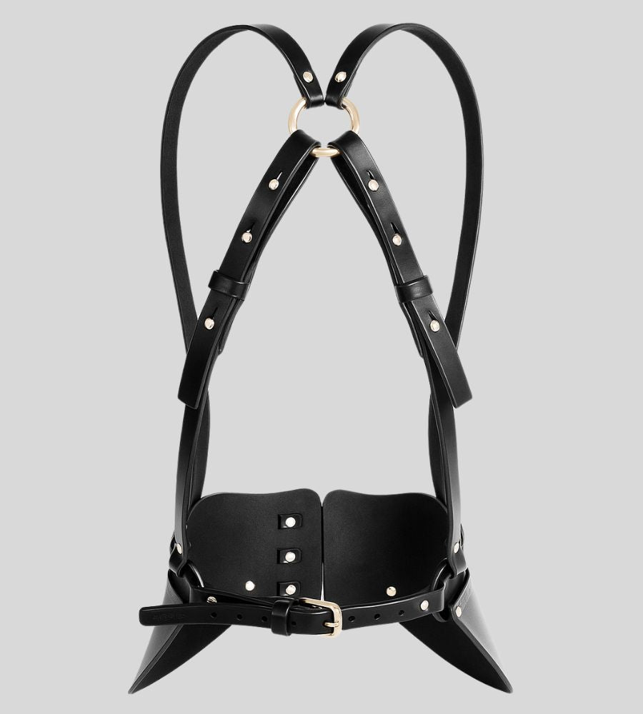 front view of black leather corset harness belt with triple buckle