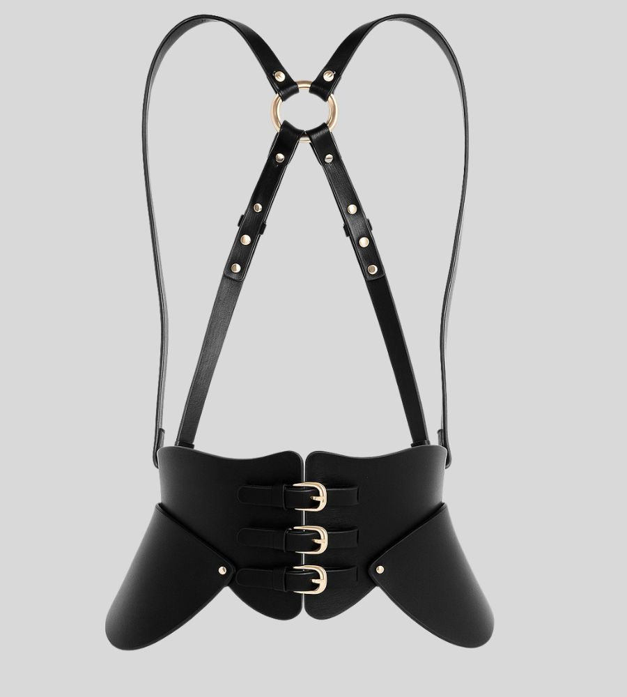front view of black leather corset harness belt with triple buckle