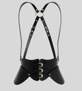 front view of black leather corset harness belt with triple buckle