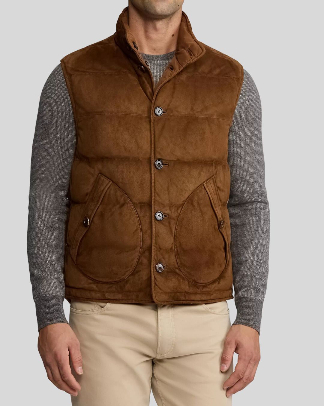  front view of Saddle Ridge brown suede puffer vest