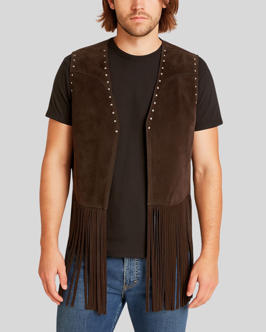 Men's Coffee Brown Western Fringe Vest – Front View