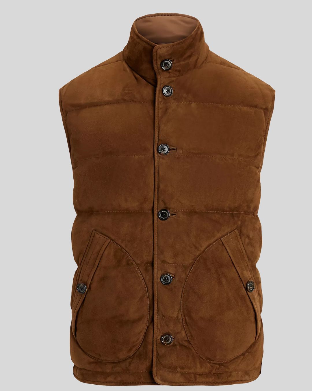  front view of Saddle Ridge brown suede puffer vest