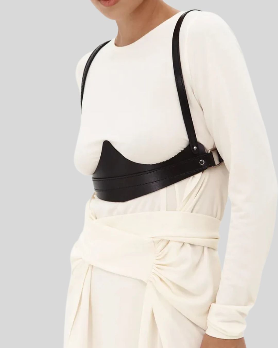  Black Leather Bra Harness – Front Sculpted View Styled